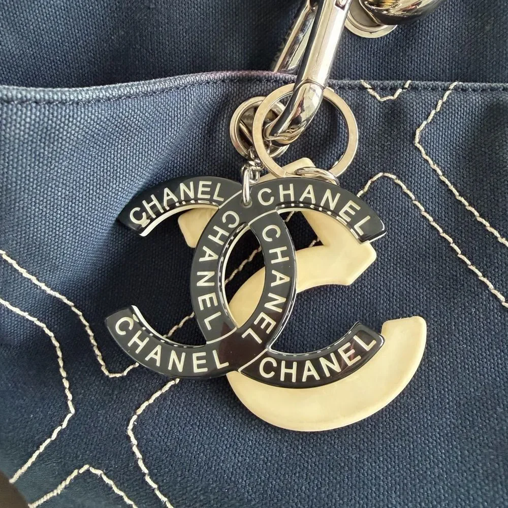 CHANEL Navy Quilted Canvas Shoulder Tote with Gold Chain Handles